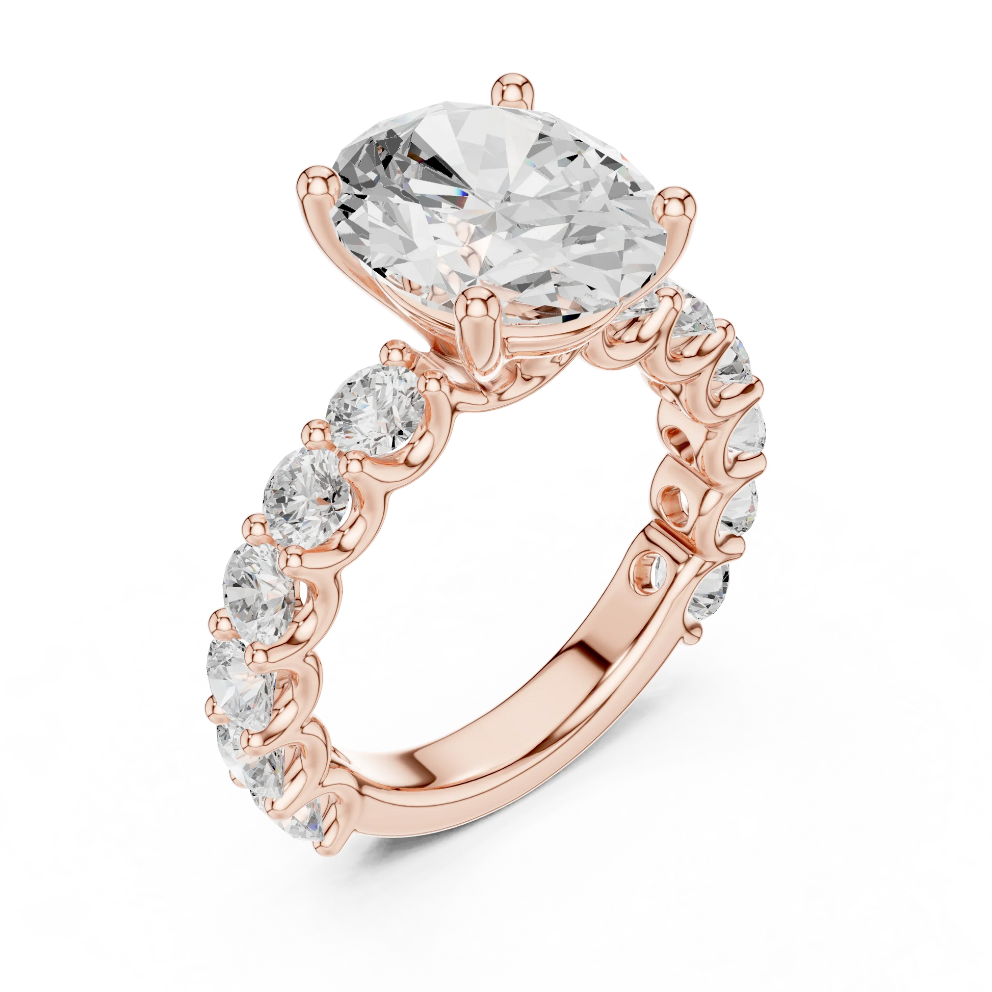 Front view of rose gold oval cut solitaire ring with shared prong large stone band and center stone