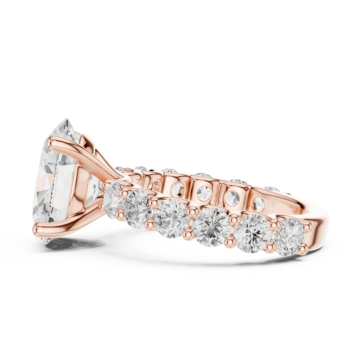 Side profile of rose gold oval cut solitaire ring with shared prong large stone band and elevated center stone