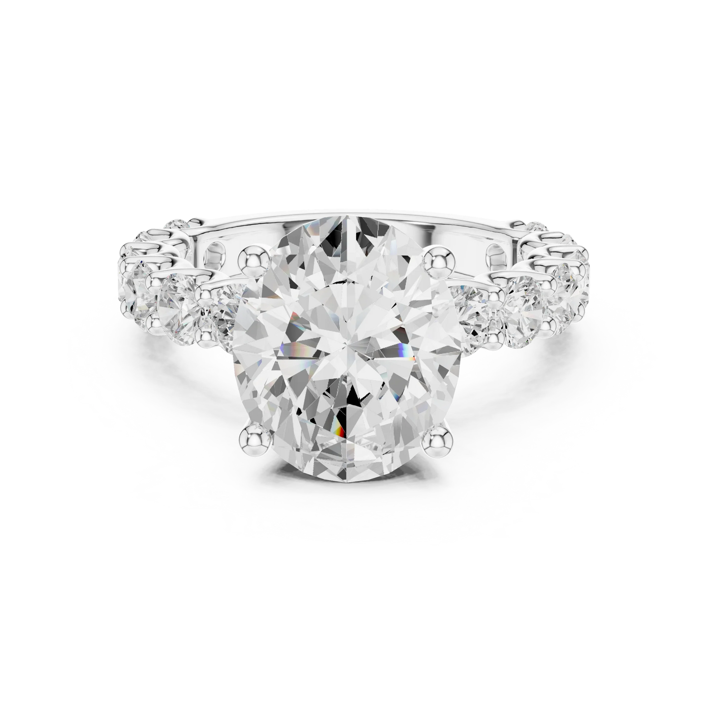 Lab-grown oval cut solitaire ring in white gold with shared prong large stone band