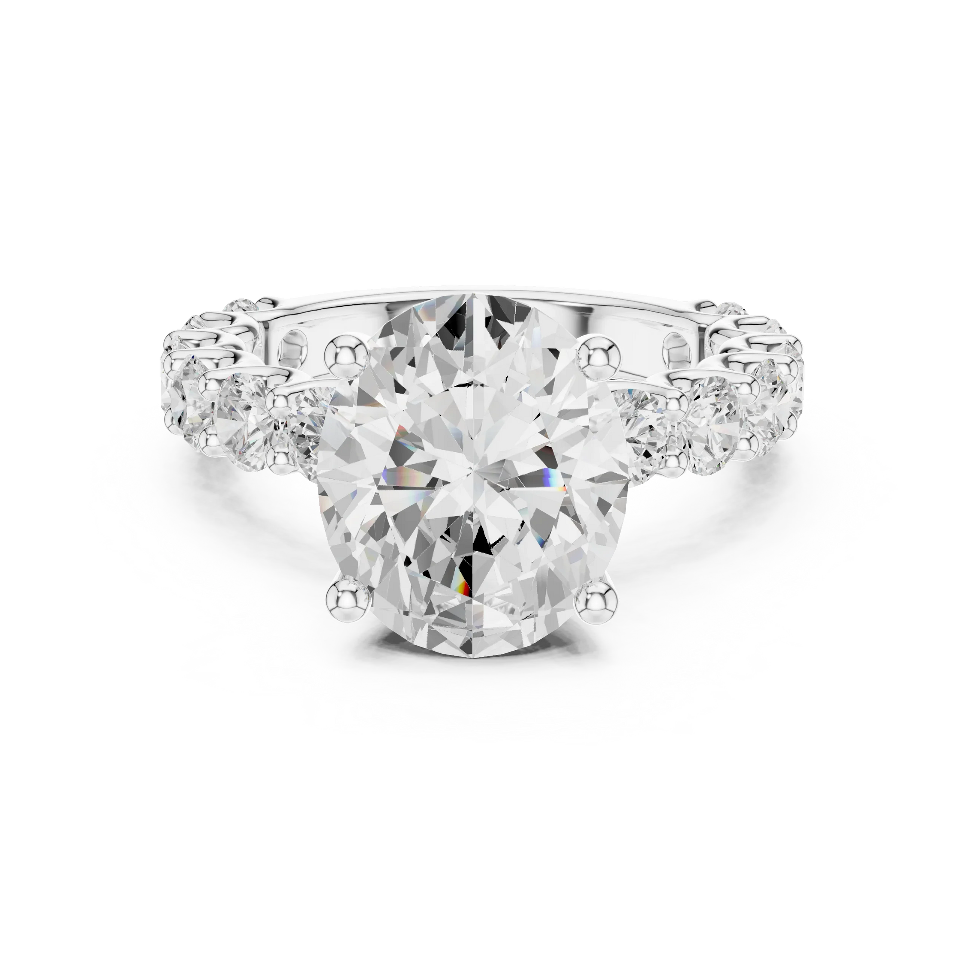 Lab-grown oval cut solitaire ring in white gold with shared prong large stone band