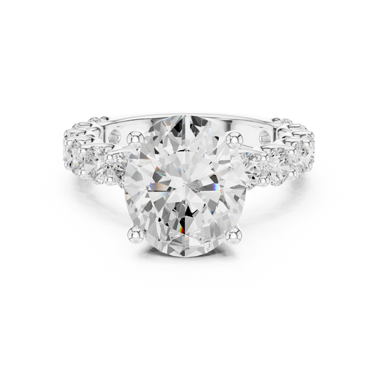 Lab-grown oval cut solitaire ring in white gold with shared prong large stone band