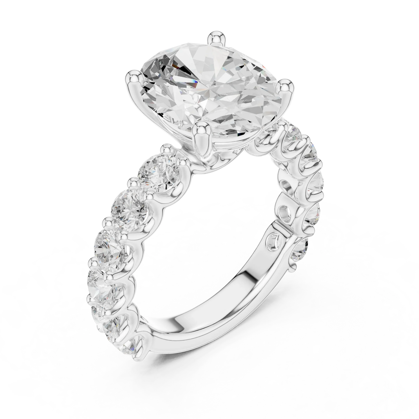 Front view of white gold oval cut solitaire ring with shared prong large stone band and center stone