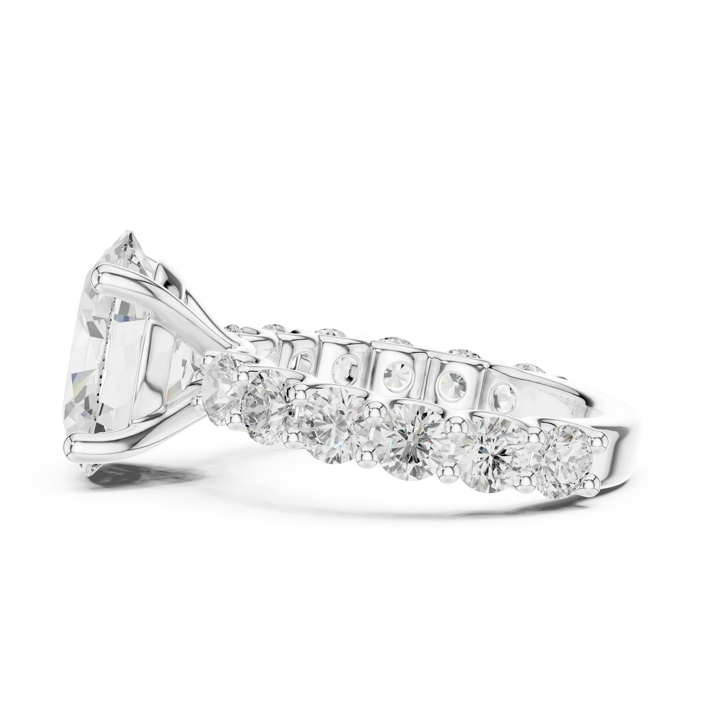 Side view of white gold oval cut solitaire ring with shared prong large stone band and elevated setting