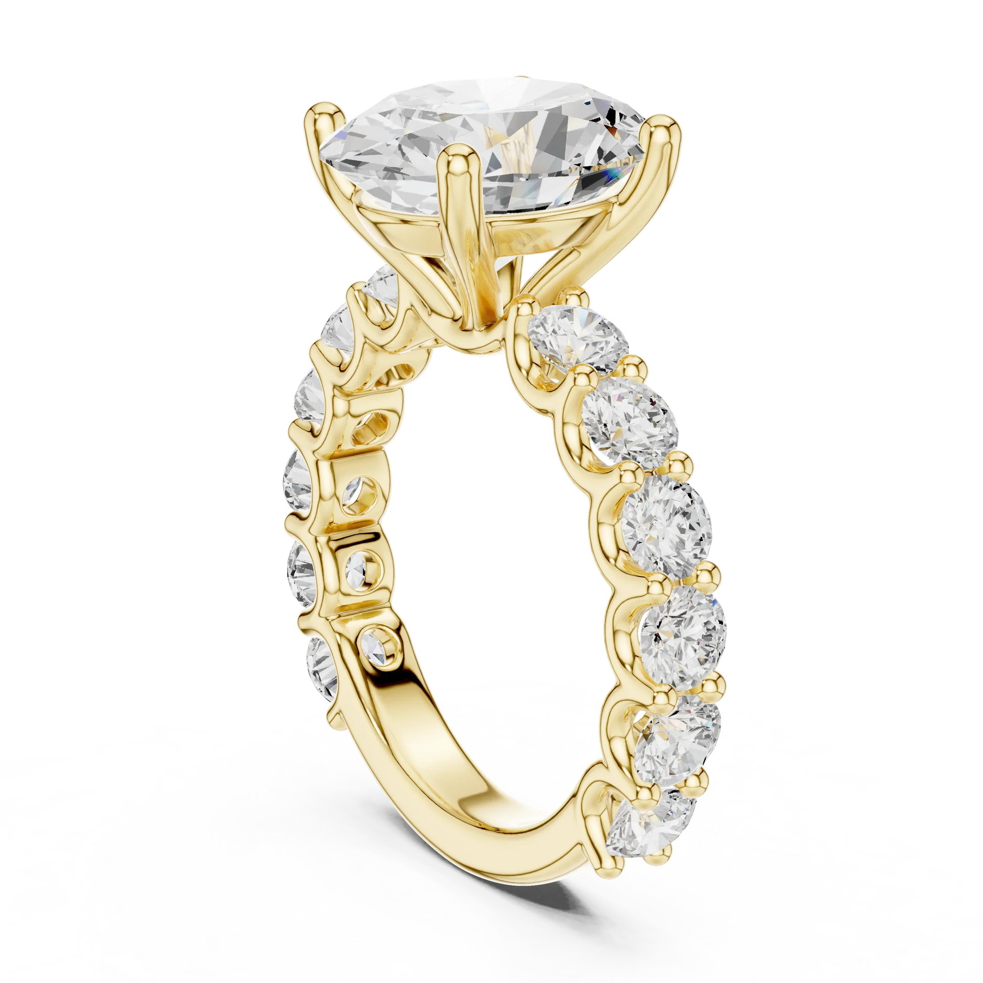 Back side view of yellow gold oval cut solitaire ring showing shared prong large stone band and setting structure