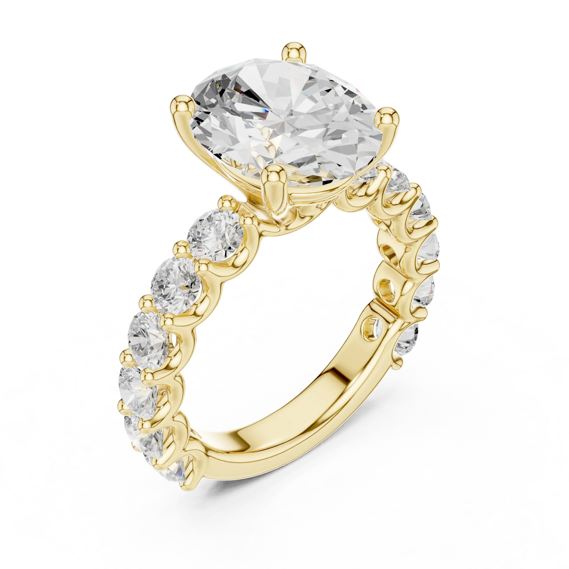 Front view of yellow gold oval cut solitaire ring with shared prong large stone band and center gemstone
