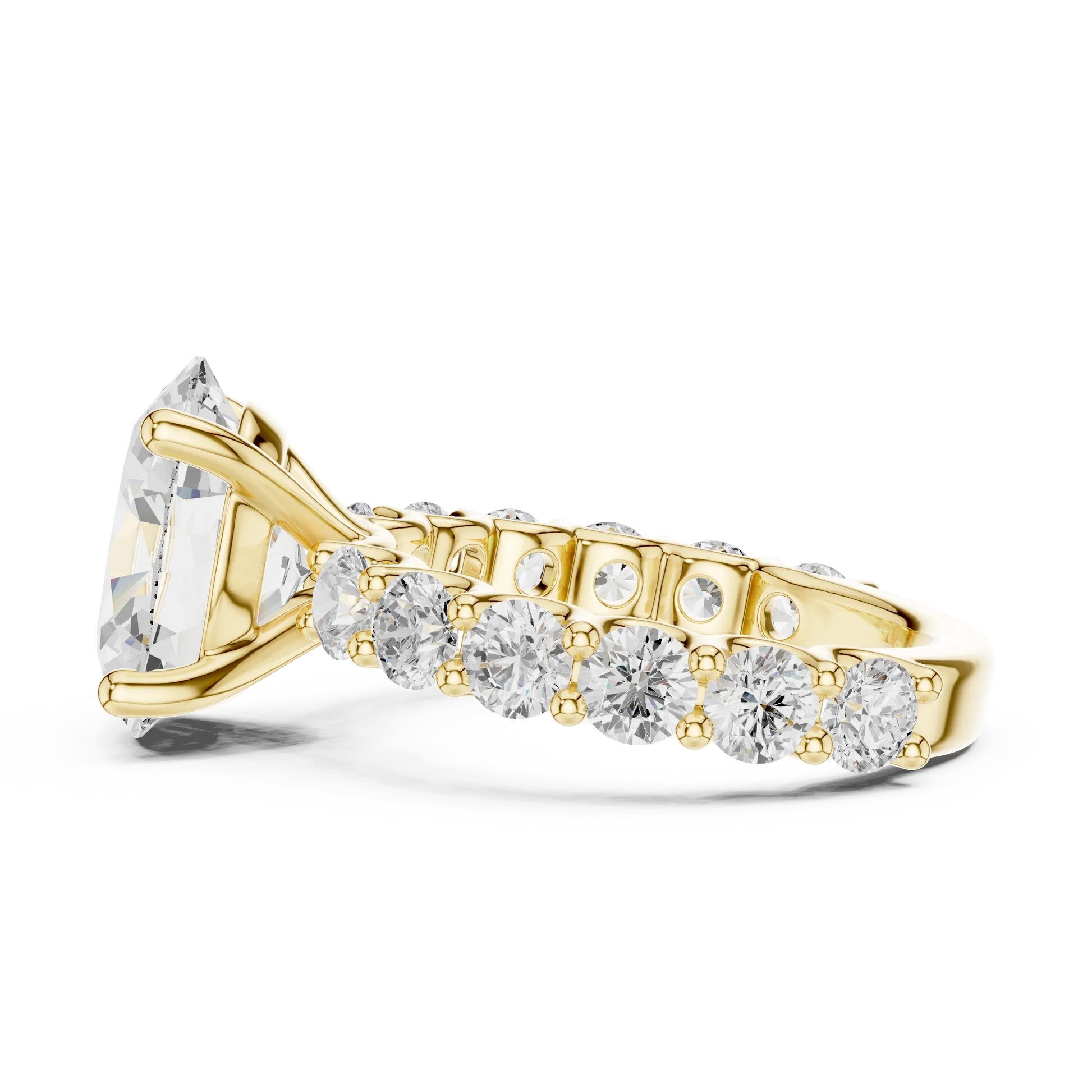Side view of yellow gold oval cut solitaire ring with shared prong large stone band and prong setting