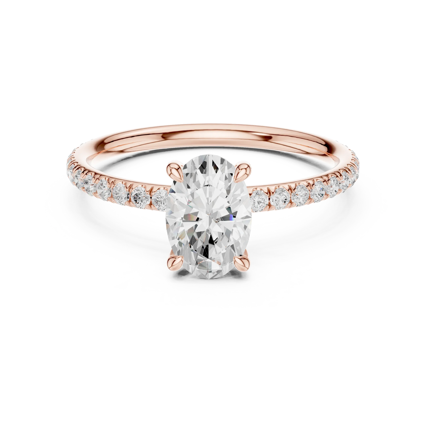 Lab-grown oval cut solitaire ring in rose gold with thin pavé diamond band