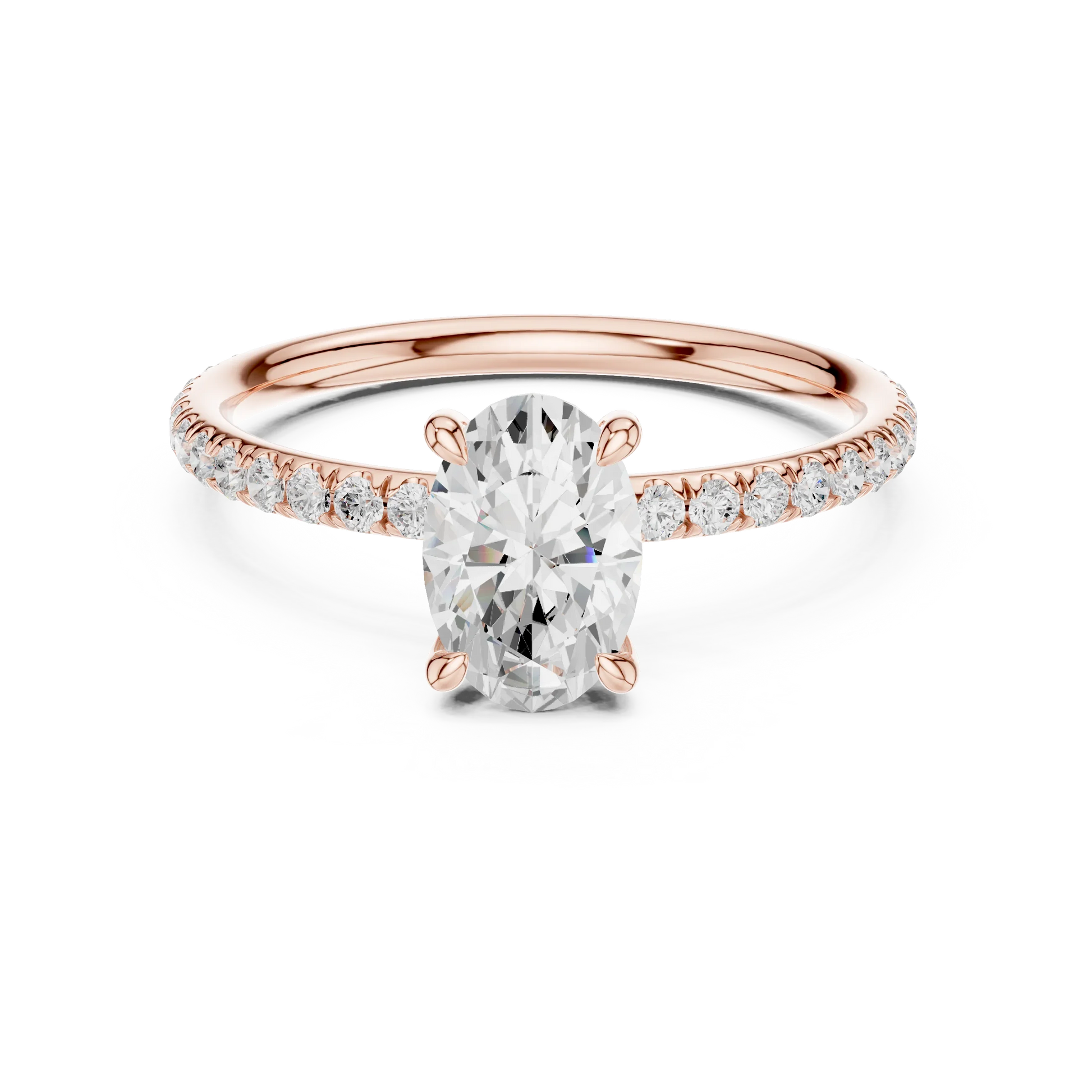 Lab-grown oval cut solitaire ring in rose gold with thin pavé diamond band