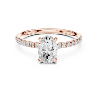 Lab-grown oval cut solitaire ring in rose gold with thin pavé diamond band