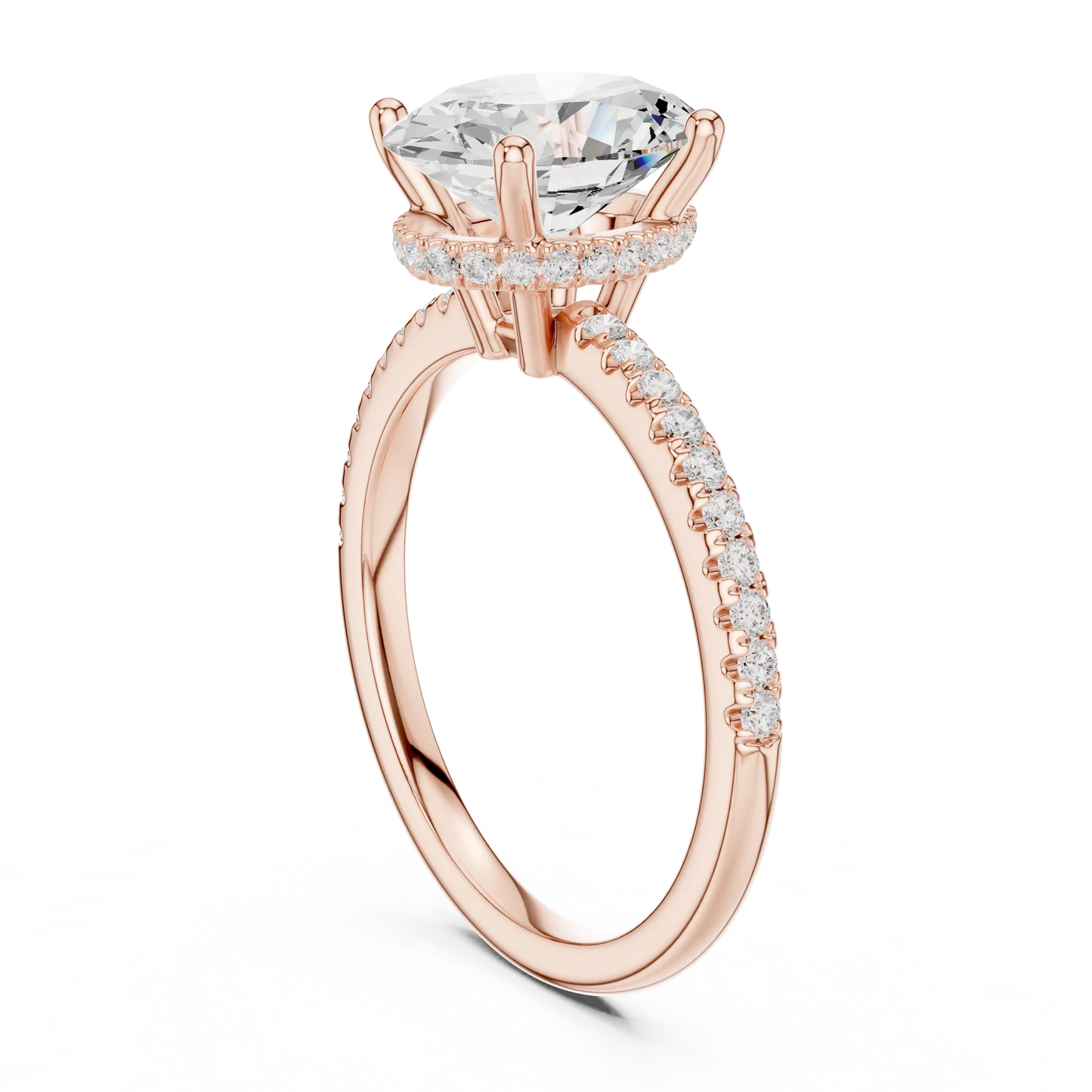Back side view of rose gold oval cut solitaire ring showing thin pave band and setting structure