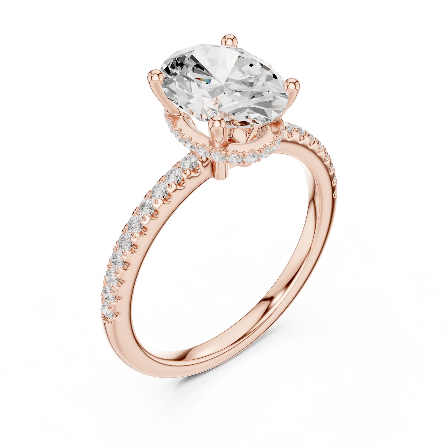 Front view of rose gold oval cut solitaire ring with thin pave band and lab-created diamond