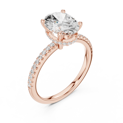 Front view of rose gold oval cut solitaire ring with thin pave band and lab-created diamond