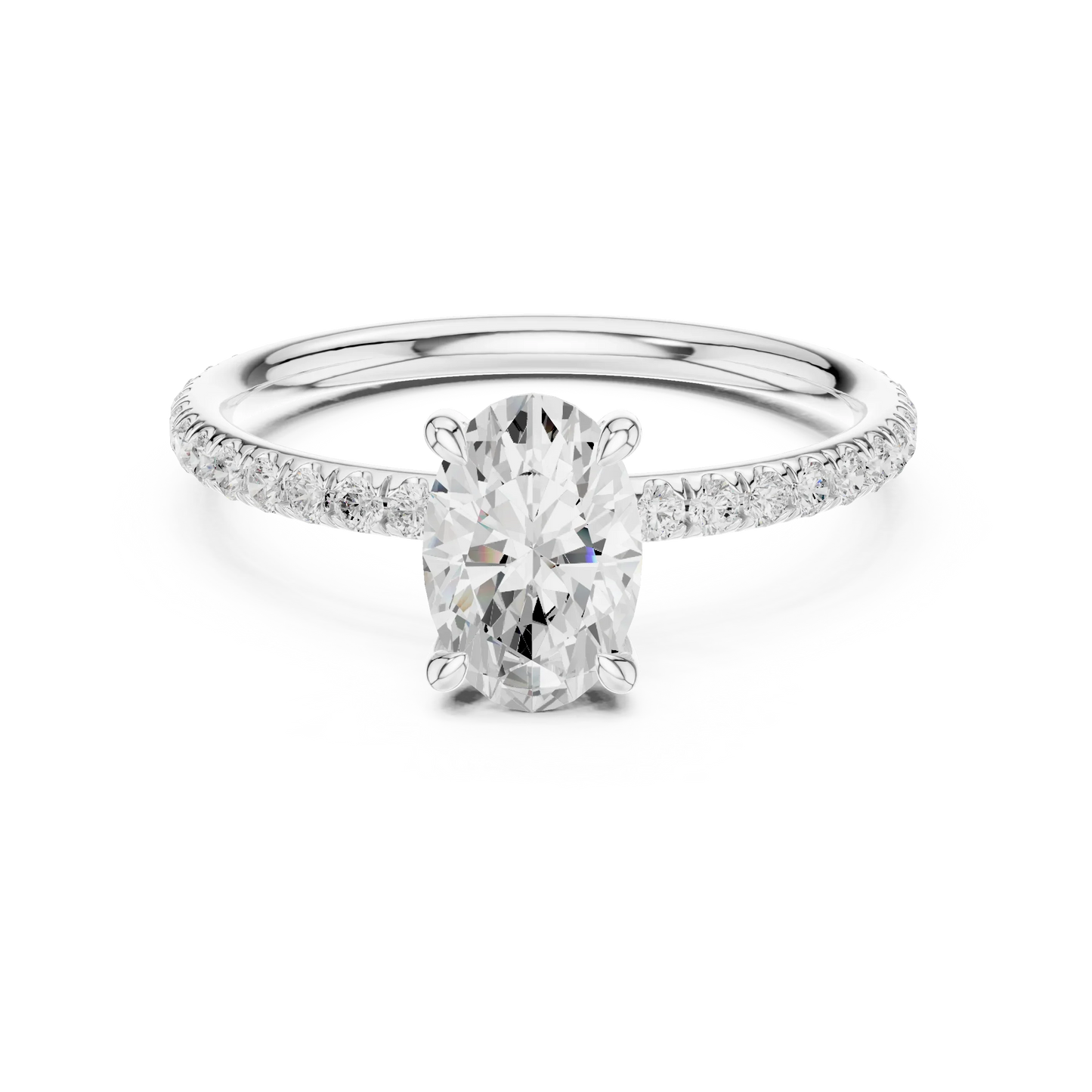 Lab-grown oval cut solitaire ring in white gold with thin pavé diamond band