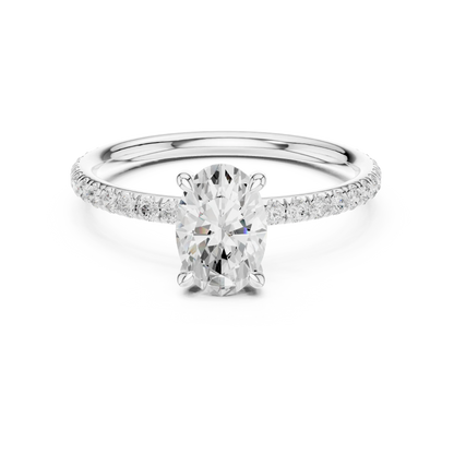 Lab-grown oval cut solitaire ring in white gold with thin pavé diamond band