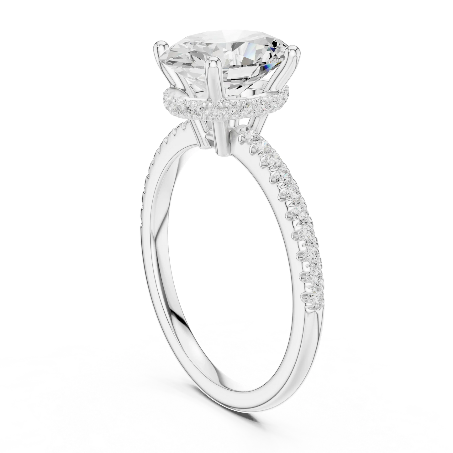 Back side view of white gold oval cut solitaire ring showing thin pave band and setting details