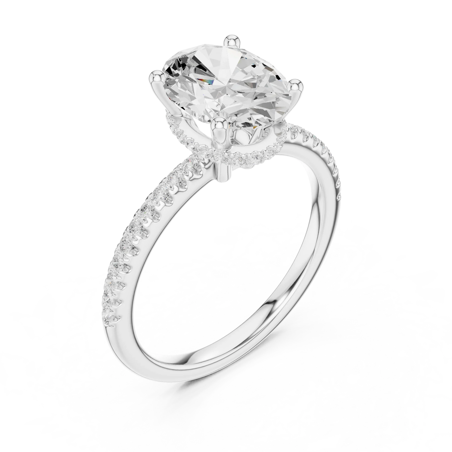 Front view of white gold oval cut solitaire ring with thin pave band and lab-created diamond
