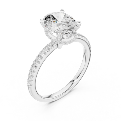 Front view of white gold oval cut solitaire ring with thin pave band and lab-created diamond