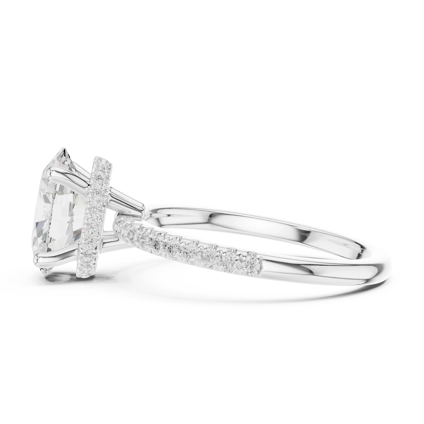 Side view of white gold oval cut solitaire ring highlighting thin pave band and prong setting
