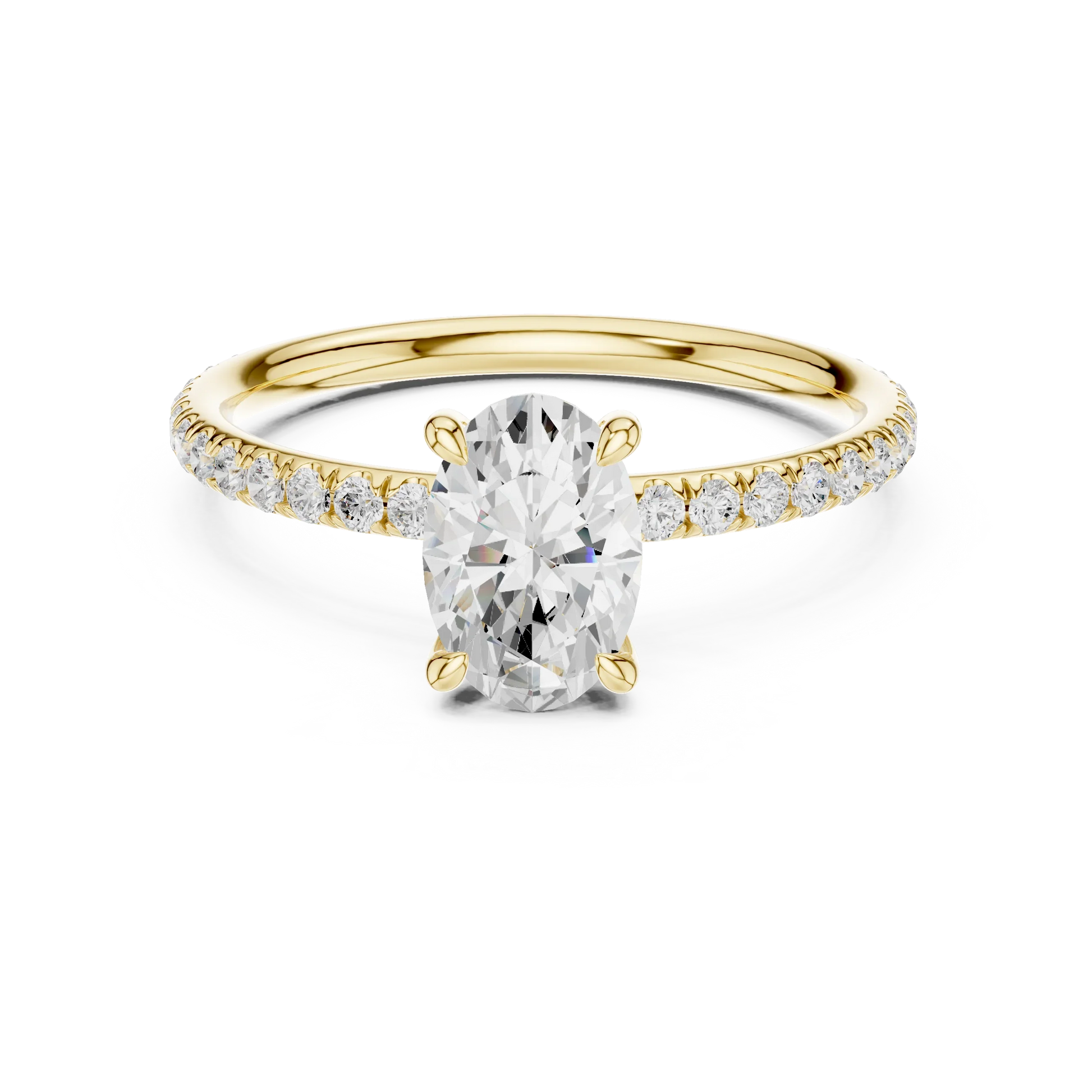 Lab-grown oval cut solitaire ring in yellow gold with thin pavé diamond band