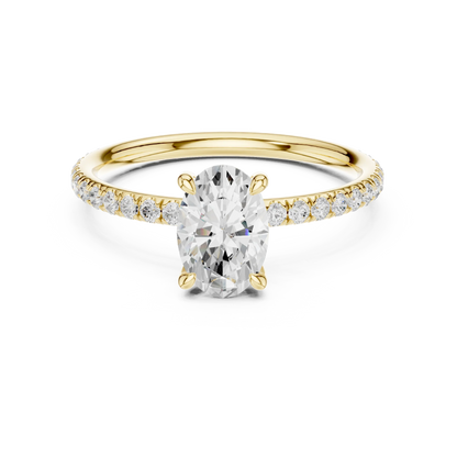Lab-grown oval cut solitaire ring in yellow gold with thin pavé diamond band