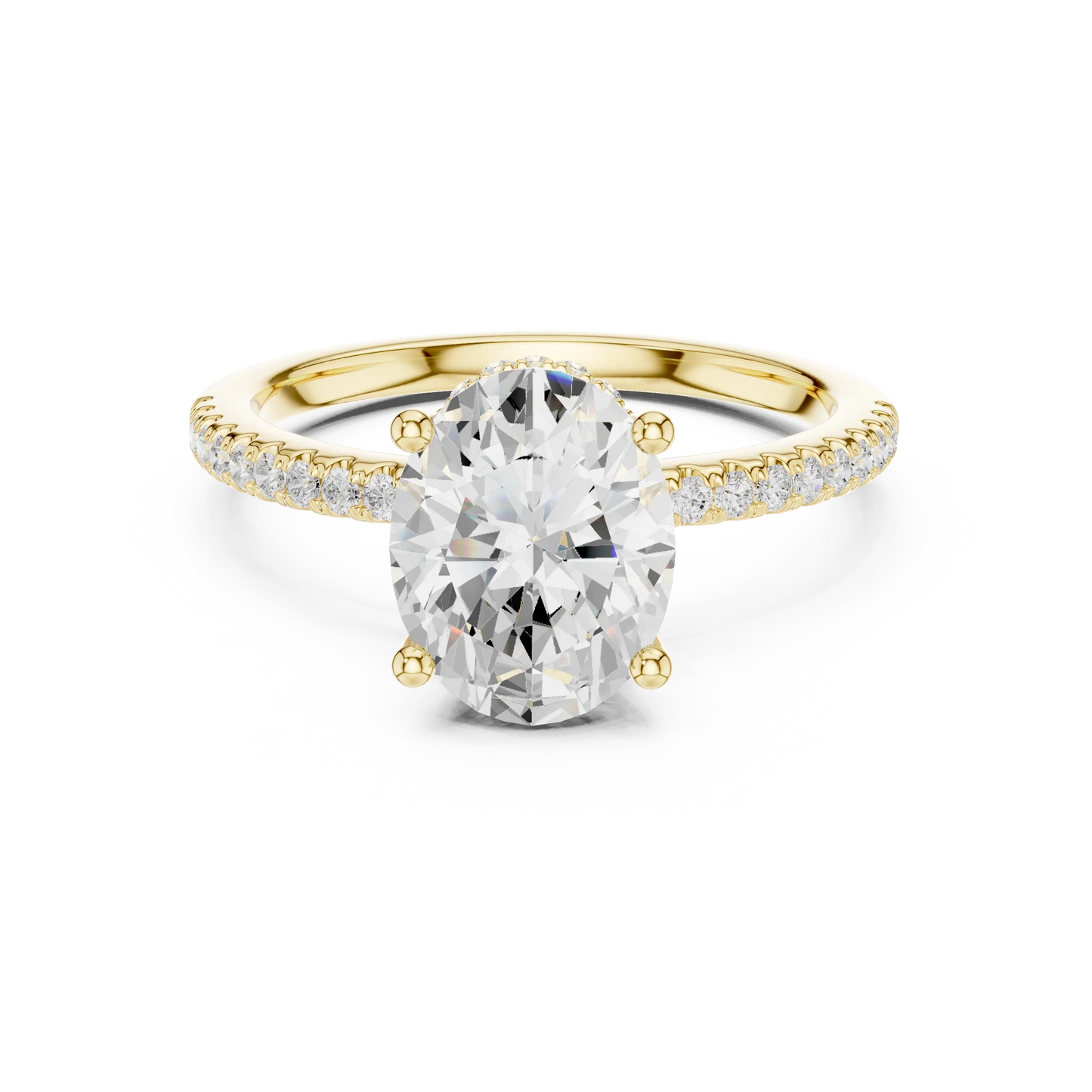 Yellow gold oval cut solitaire ring with thin pave band and lab-grown diamond, elegant style