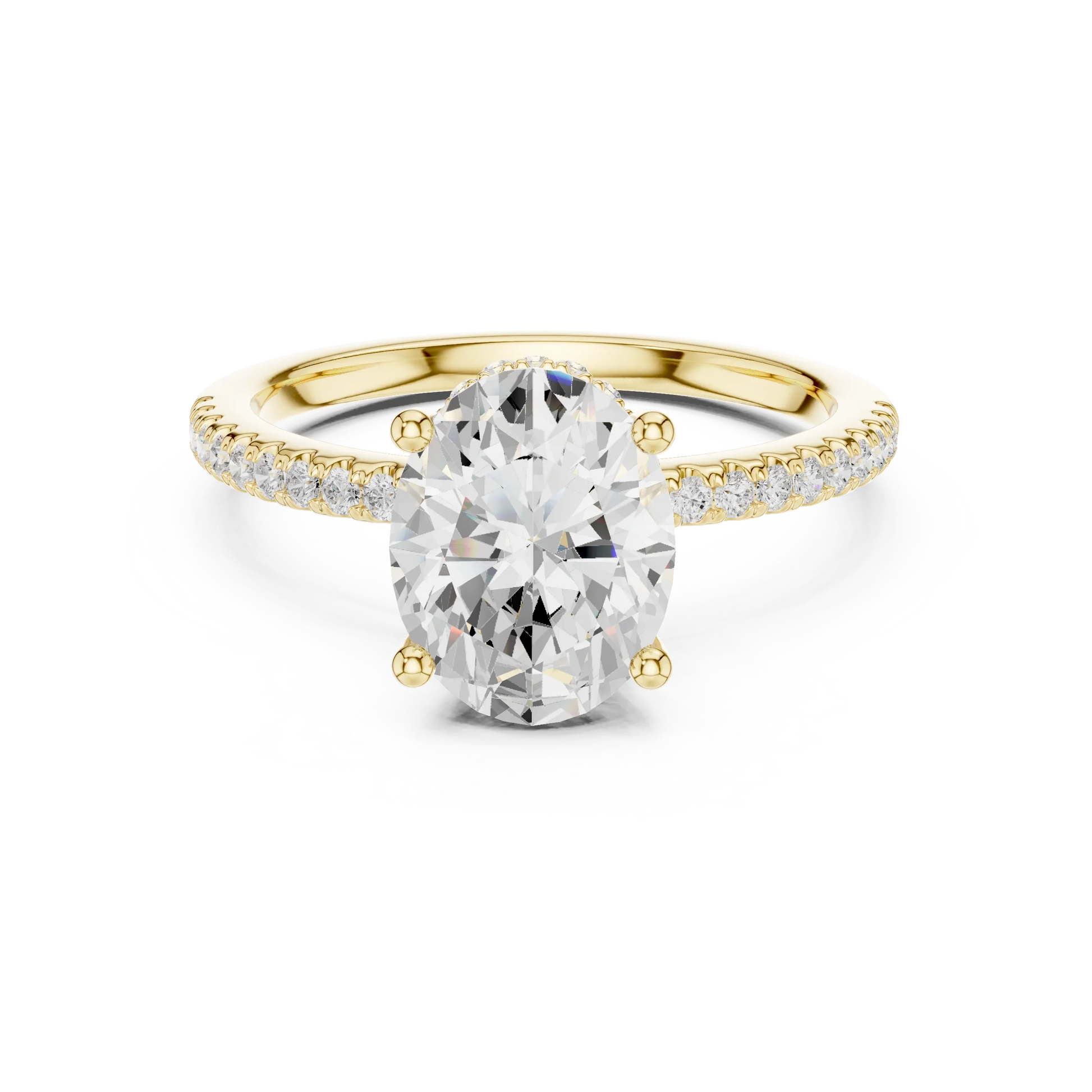 Yellow gold oval cut solitaire ring with thin pave band and lab-grown diamond, elegant style