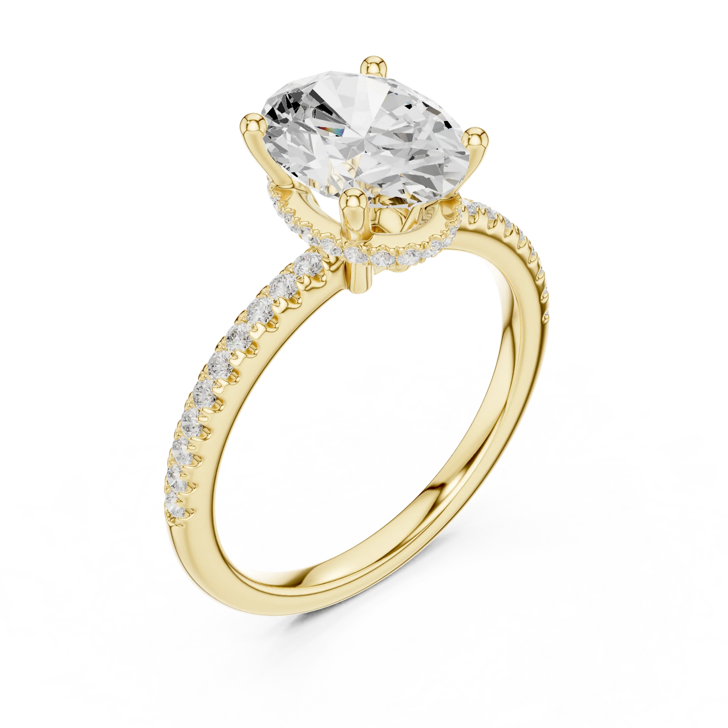 Front view of yellow gold oval cut solitaire ring with thin pave band and lab-created diamond