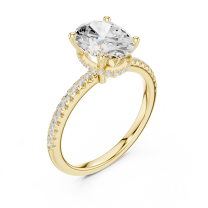 Front view of yellow gold oval cut solitaire ring with thin pave band and lab-created diamond