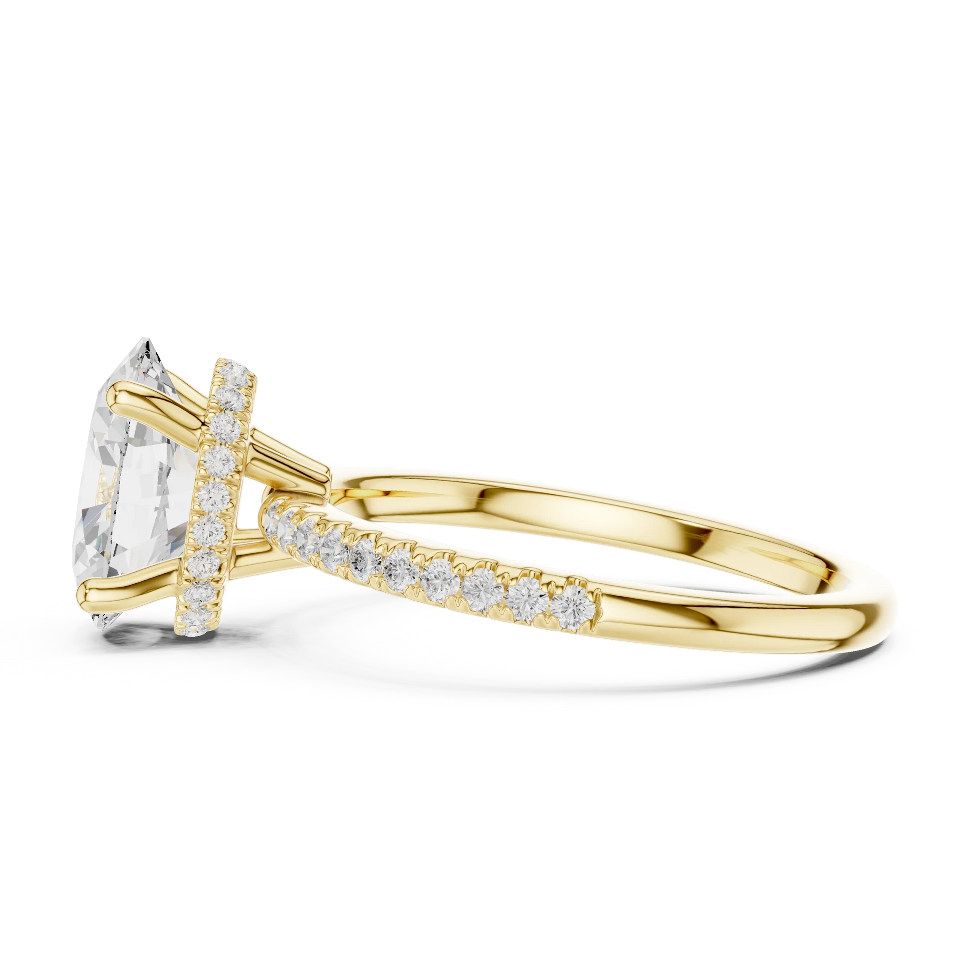 Side view of yellow gold oval cut solitaire ring highlighting thin pave band and gemstone setting
