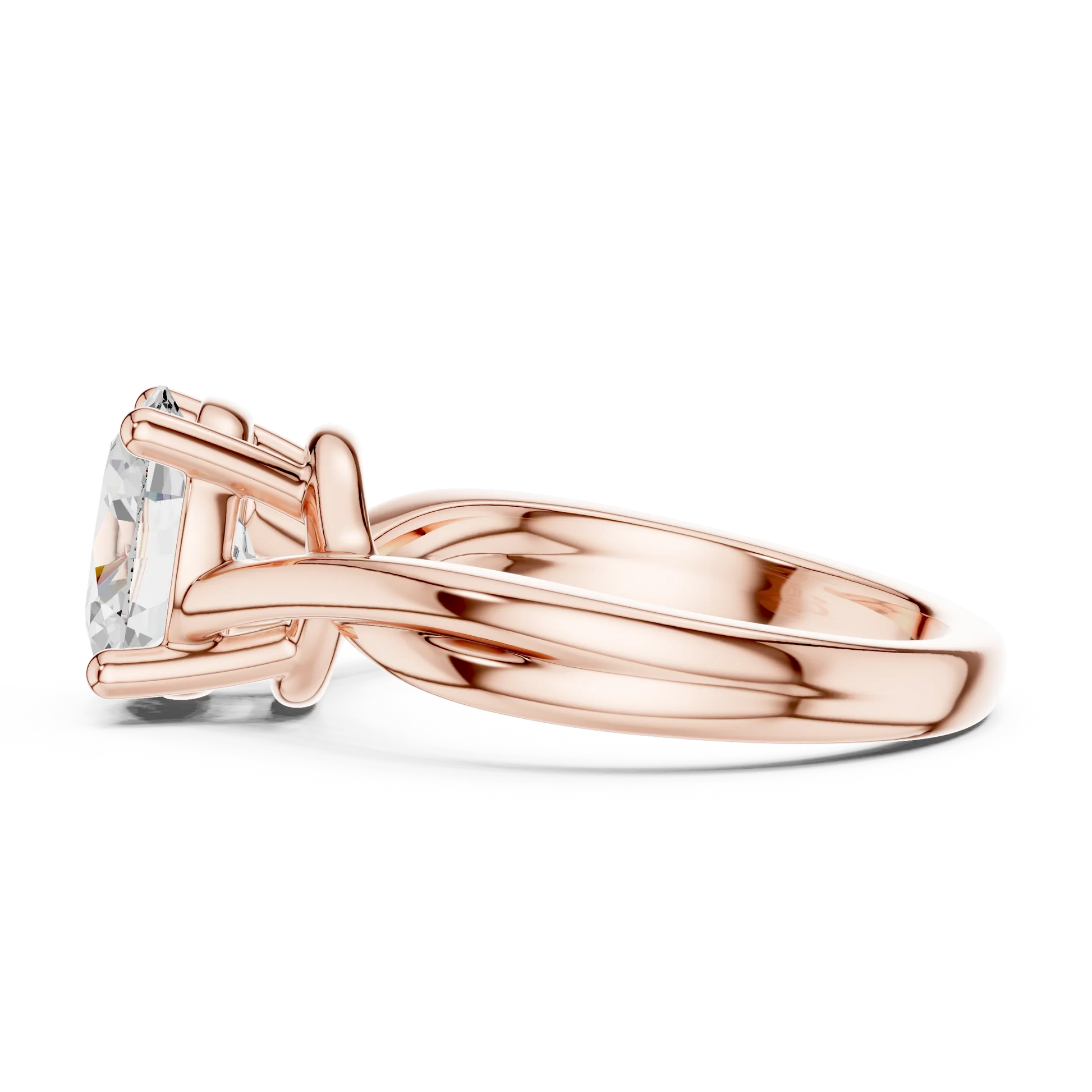 Side profile of rose gold oval cut solitaire ring with twisted band and elevated center stone