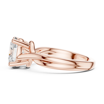 Side profile of rose gold oval cut solitaire ring with twisted band and elevated center stone