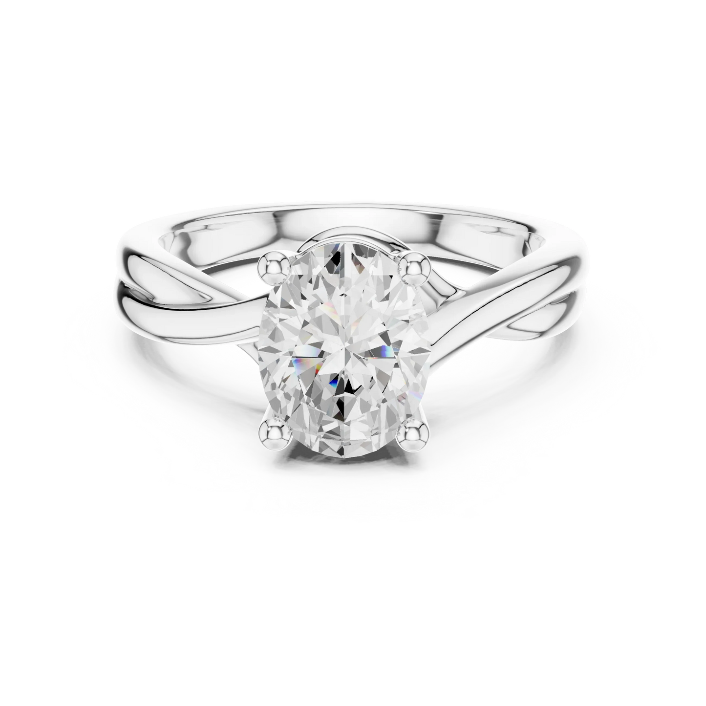 Lab-grown oval cut solitaire ring in white gold with twisted band design