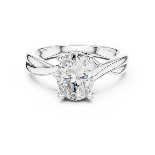 Lab-grown oval cut solitaire ring in white gold with twisted band design