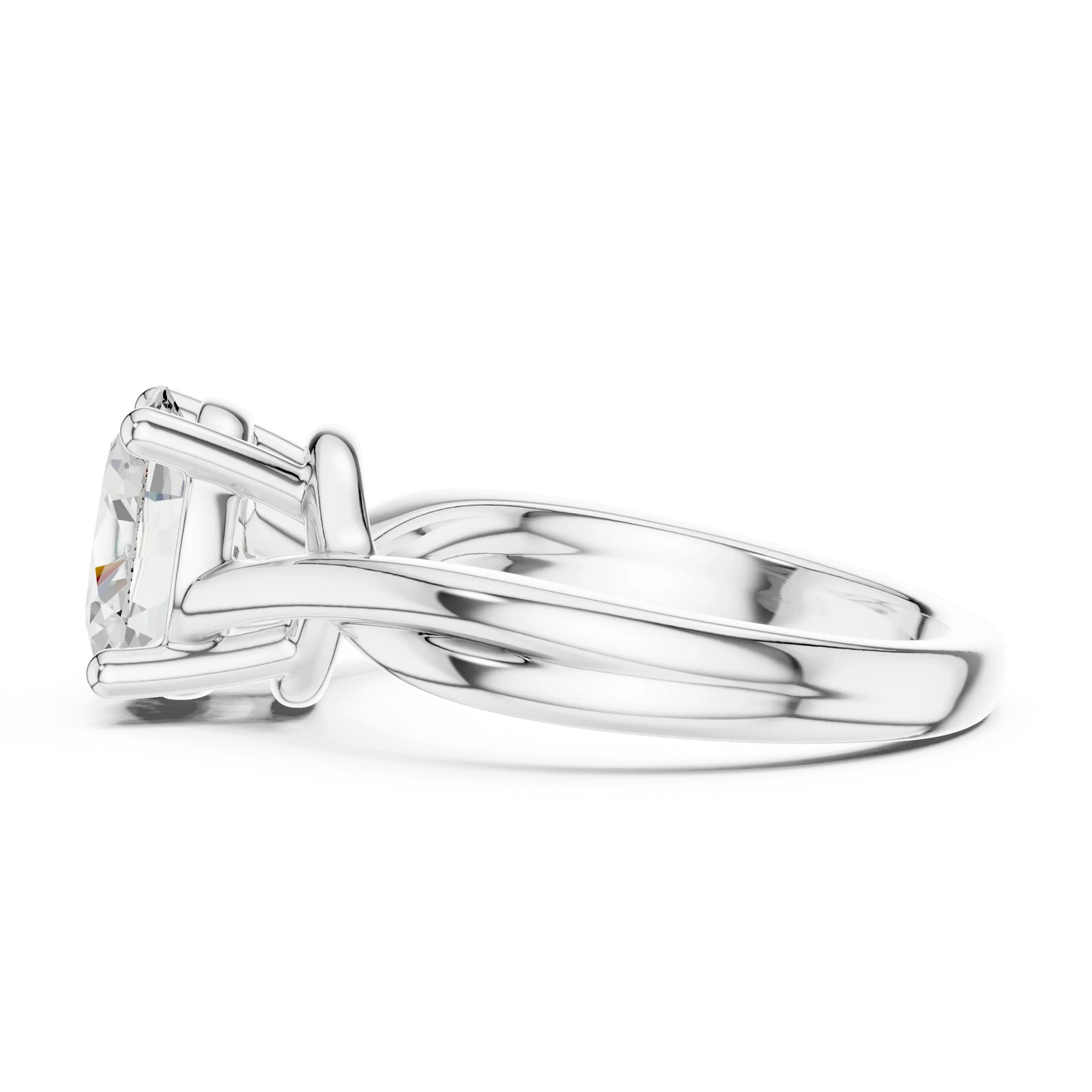 Side view of white gold oval cut solitaire ring with twisted band and raised setting