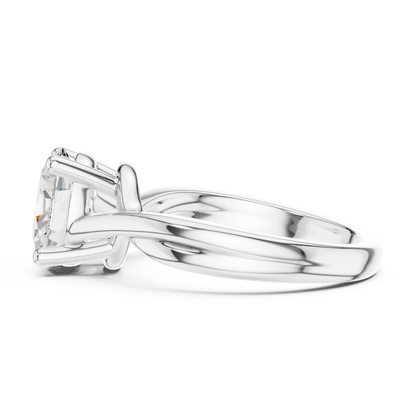 Side view of white gold oval cut solitaire ring with twisted band and raised setting