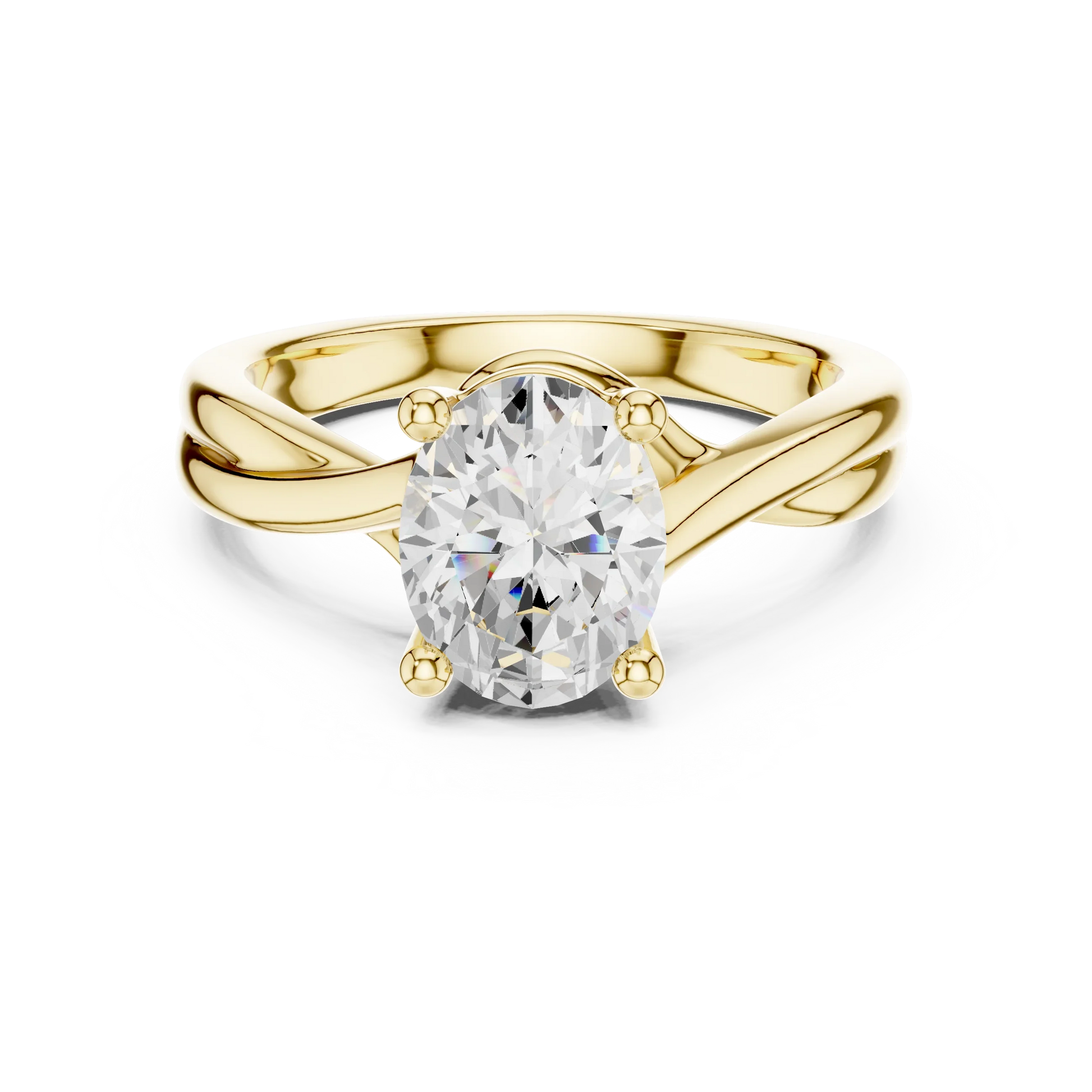 Lab-grown oval cut solitaire ring in yellow gold with twisted band design