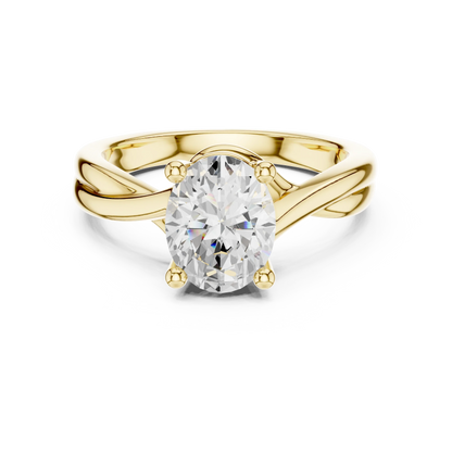 Lab-grown oval cut solitaire ring in yellow gold with twisted band design