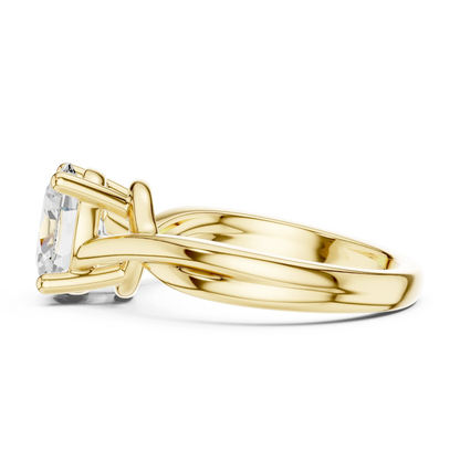 Side view of yellow gold oval cut solitaire ring with twisted band and prong setting