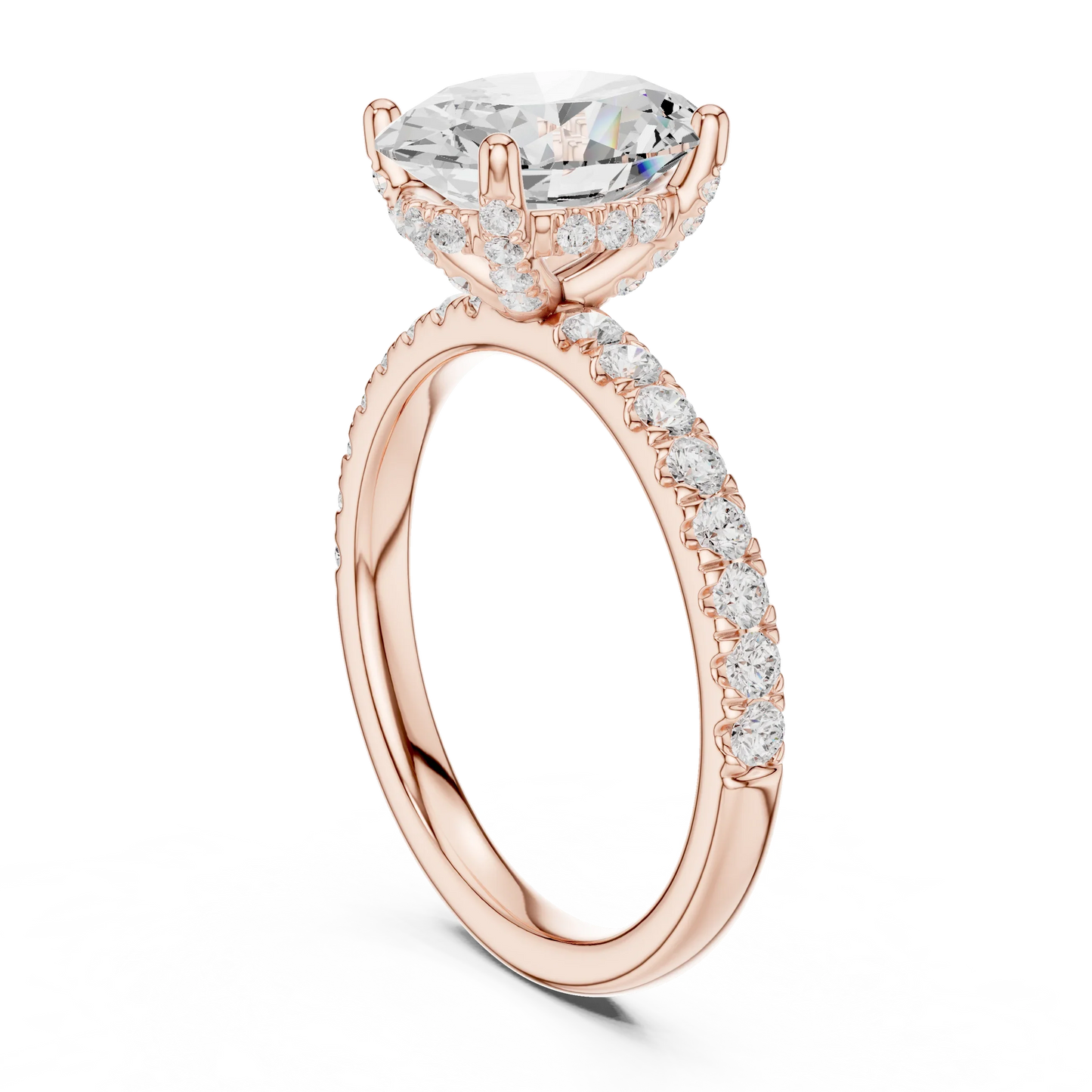 Back view of rose gold oval solitaire ring with pave diamond band and lab-grown diamond – Australia
