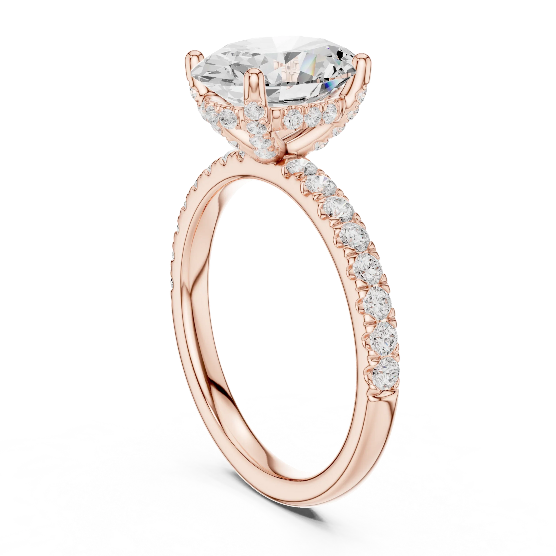 Back view of rose gold oval solitaire ring with pave diamond band and lab-grown diamond – Australia