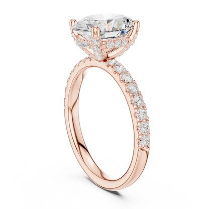 Back view of rose gold oval solitaire ring with pave diamond band and lab-grown diamond – Australia
