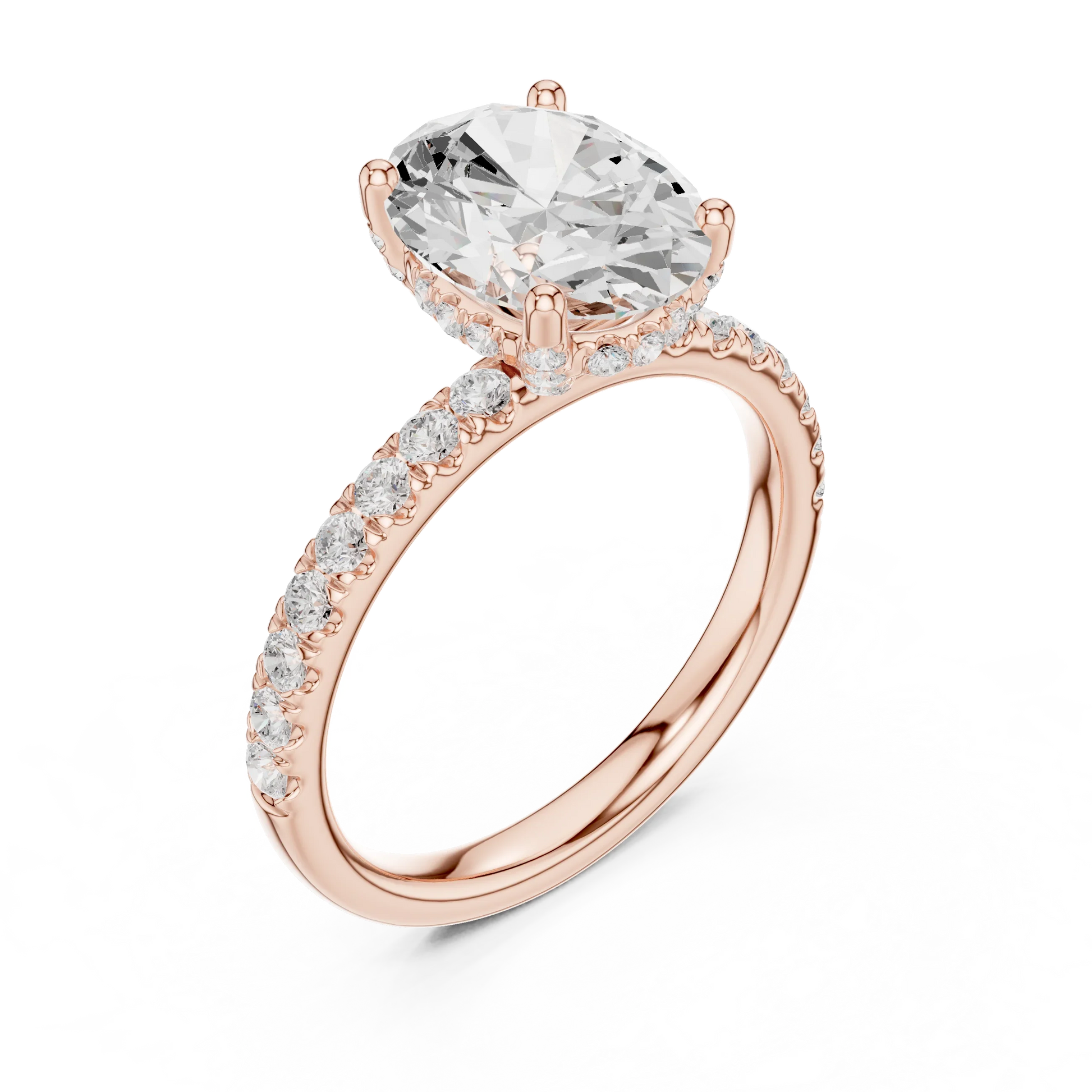 Front view of rose gold oval solitaire ring with pave diamond band and lab-grown diamond – Australia