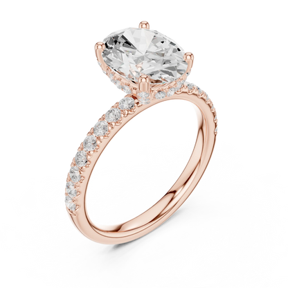 Front view of rose gold oval solitaire ring with pave diamond band and lab-grown diamond – Australia