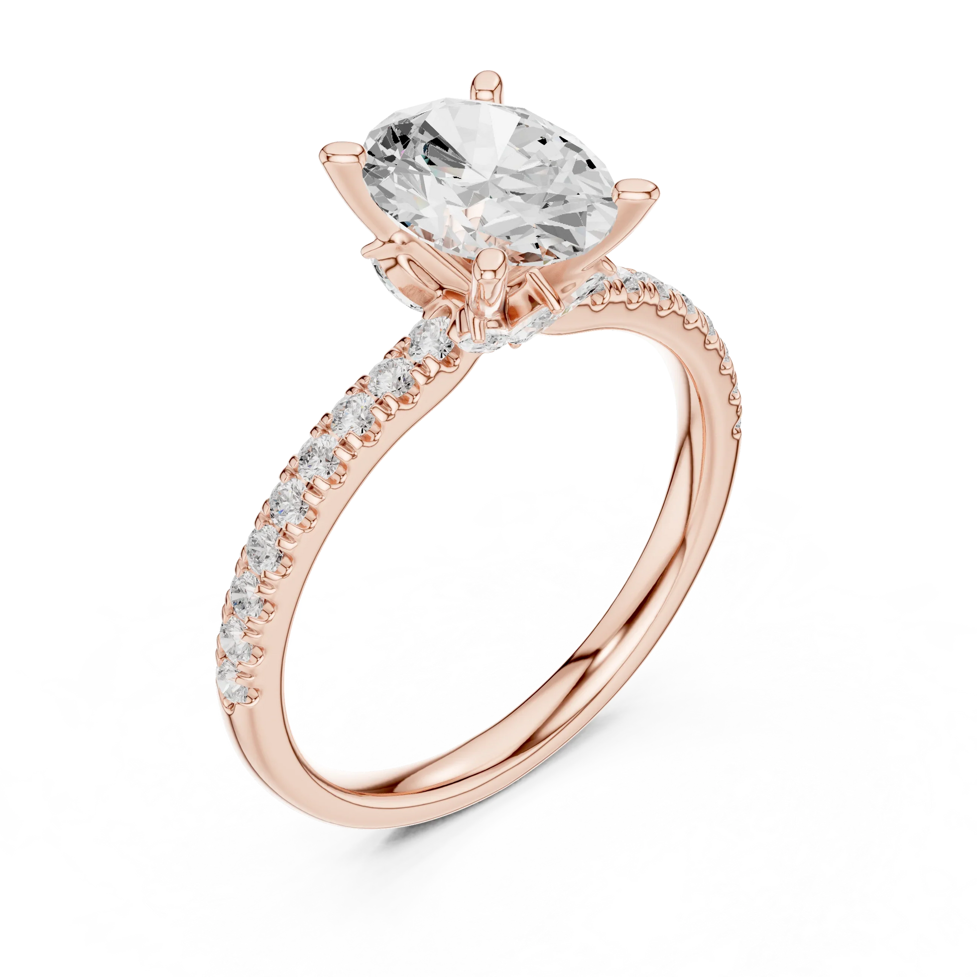 Front view of rose gold oval solitaire ring with pave diamond band and lab-grown diamond – Australia