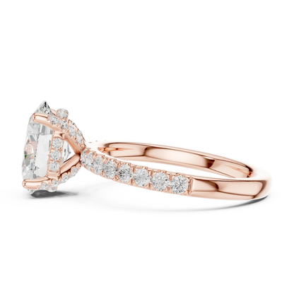 Side view of rose gold oval solitaire ring with pave diamond band and lab-grown diamond – Australia