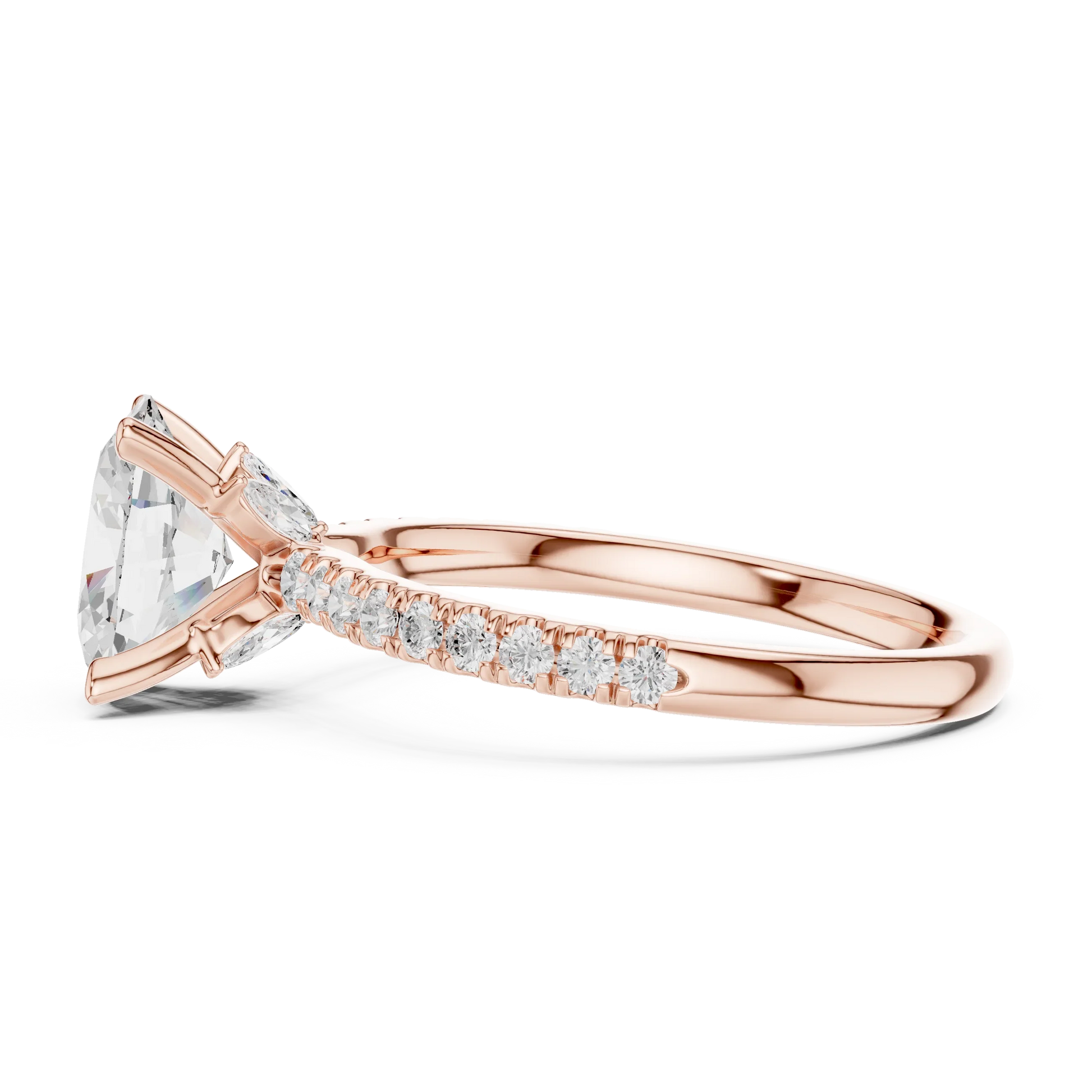 Side view of rose gold oval solitaire ring with pave diamond band and lab-grown diamond – Australia
