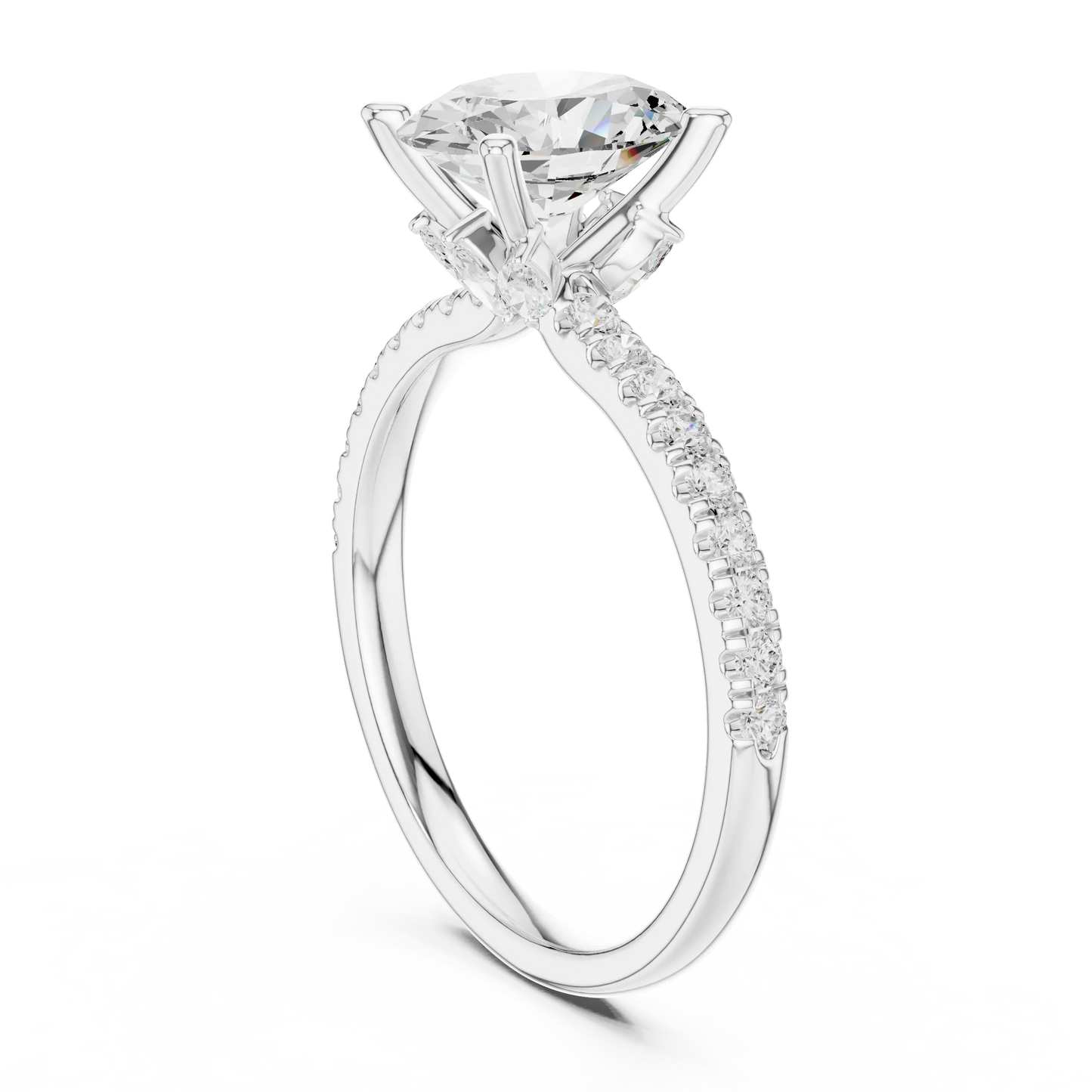 Back side view of white gold oval solitaire ring with pave diamond band and lab-grown diamond – Australia