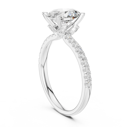 Back side view of white gold oval solitaire ring with pave diamond band and lab-grown diamond – Australia