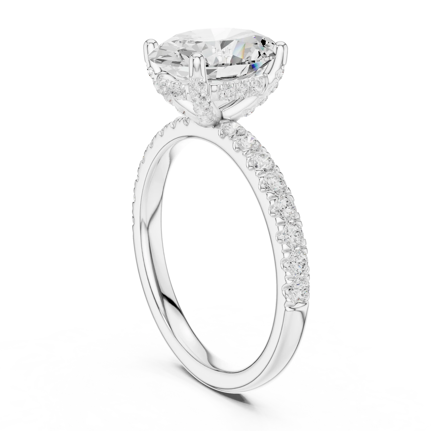 Back view of white gold oval solitaire ring with pave diamond band and lab-grown diamond – Australia