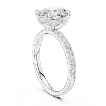 Back view of white gold oval solitaire ring with pave diamond band and lab-grown diamond – Australia